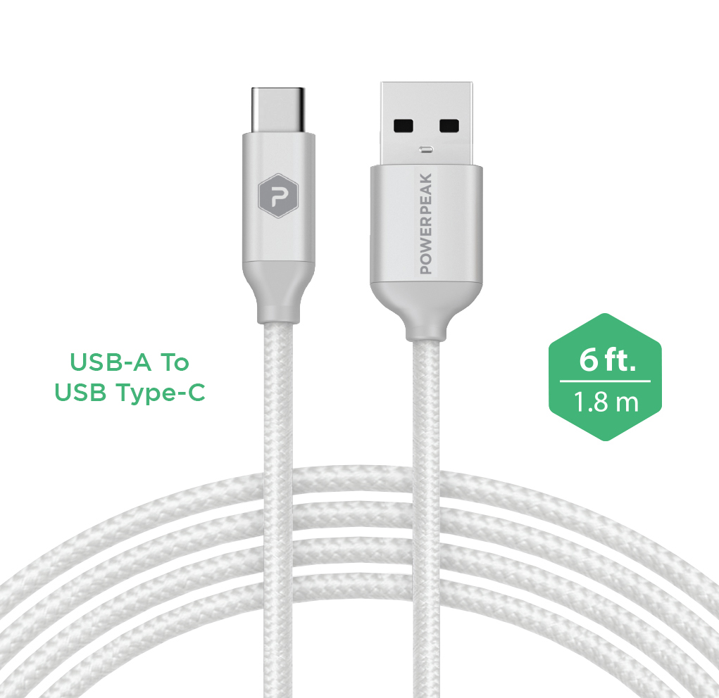 PowerPeak 6ft. Braided Nylon USB-A to USB Type-C Charge & Sync Cable - White/Silver