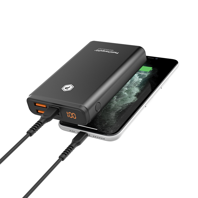 Black Fast Charge Portable Charger with one USB-C and DUAL USB-A charging ports
