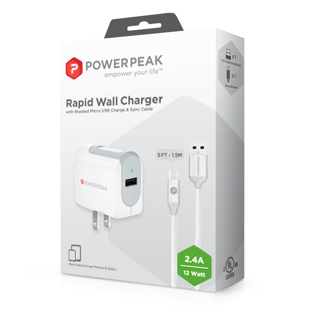 PowerPeak Micro USB Rapid Wall Charger with Braided  Charge & Sync Cable (2.4 Amp)