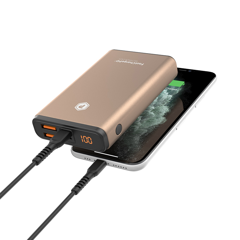 Gold fast charge portable multi-port charger with one USB-C PD and two USB-A ports
