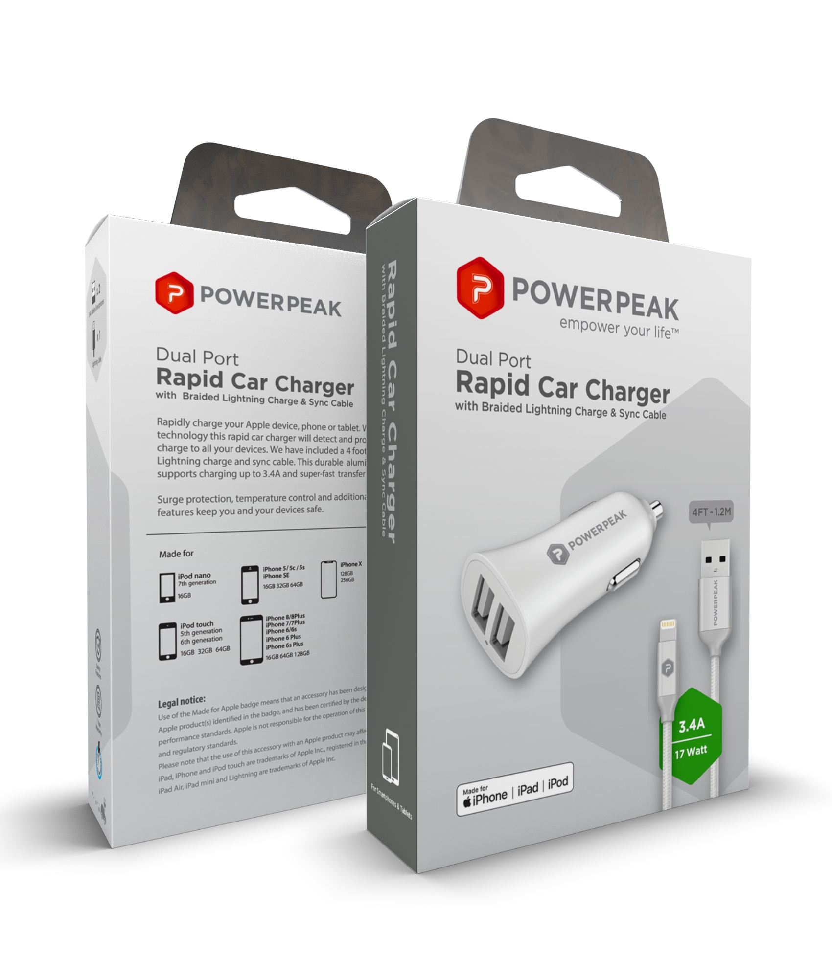 PowerPeak Dual Port Rapid Car Charger with Braided Lightning Charge & Sync Cable - WHITE (3.4 AMPS)