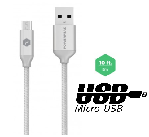 PowerPeak 10ft. Braided Nylon Metallic Micro USB Charge & Sync Cable - Silver