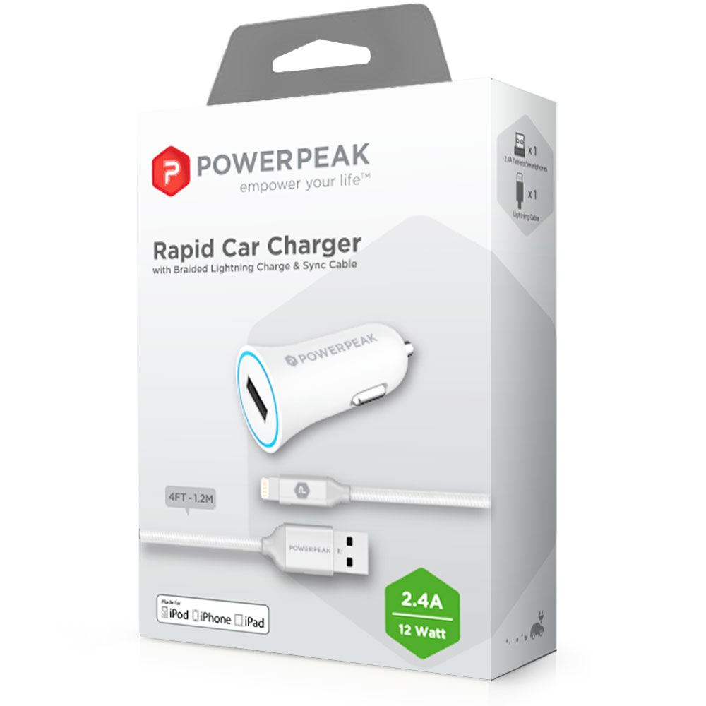 PowerPeak Rapid Car Charger with Braided Lightning Charge & Sync Cable - White (2.4 Amps)
