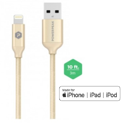 PowerPeak Extra-long Premium Braided Lightning Cable 10 FT. Metallic USB Charge & Sync Cable - Gold
