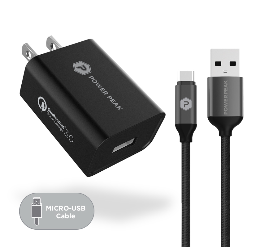 Black Fast wall charger with USB-A to Micro-USB Charge with 6ft black braided cable