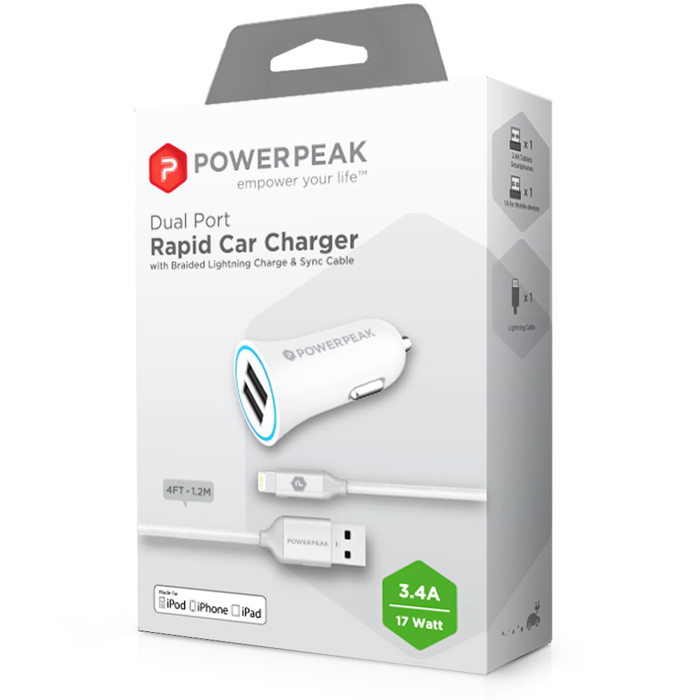 PowerPeak Dual Port Rapid Car Charger with Braided Lightning Charge & Sync Cable - White (3.4 Amps)