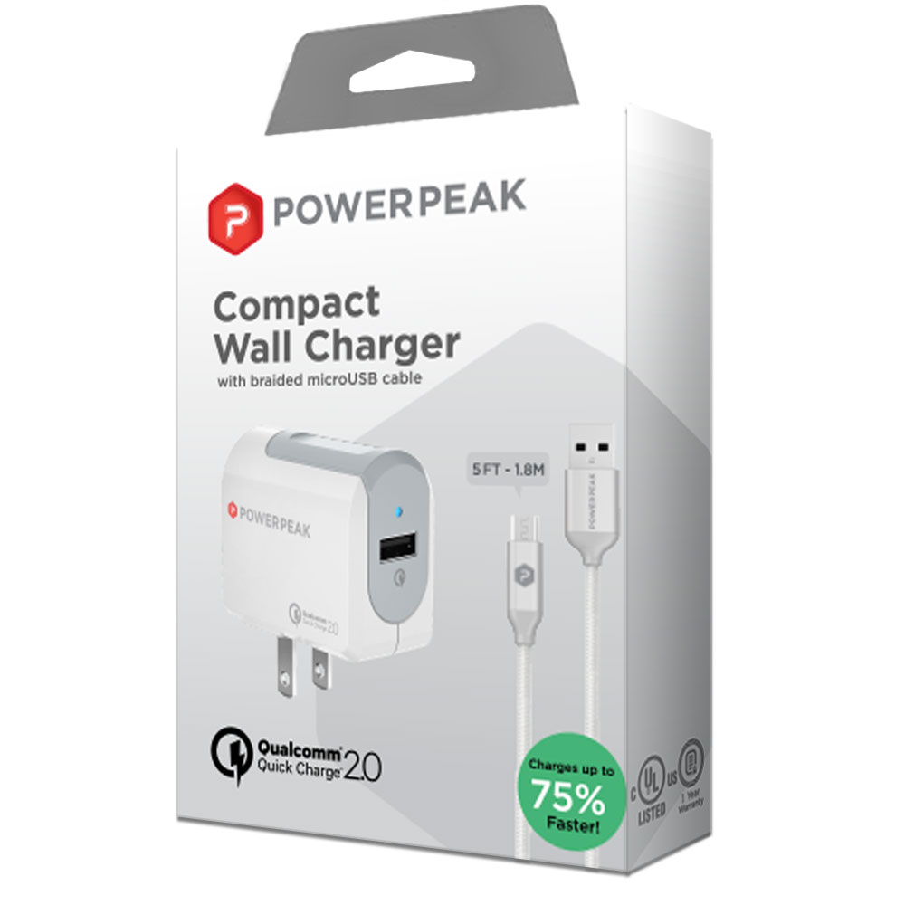 PowerPeak Micro USB Adaptive  Fast Charge Wall Charger with braided cable - white (Qualcomm 2.0 certified 75% Faster)