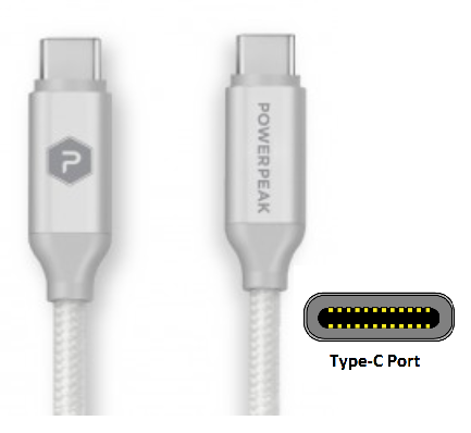PowerPeak 5ft. Braided Nylon Type-C to Type-C, Sync & Power Cable - White/Silver