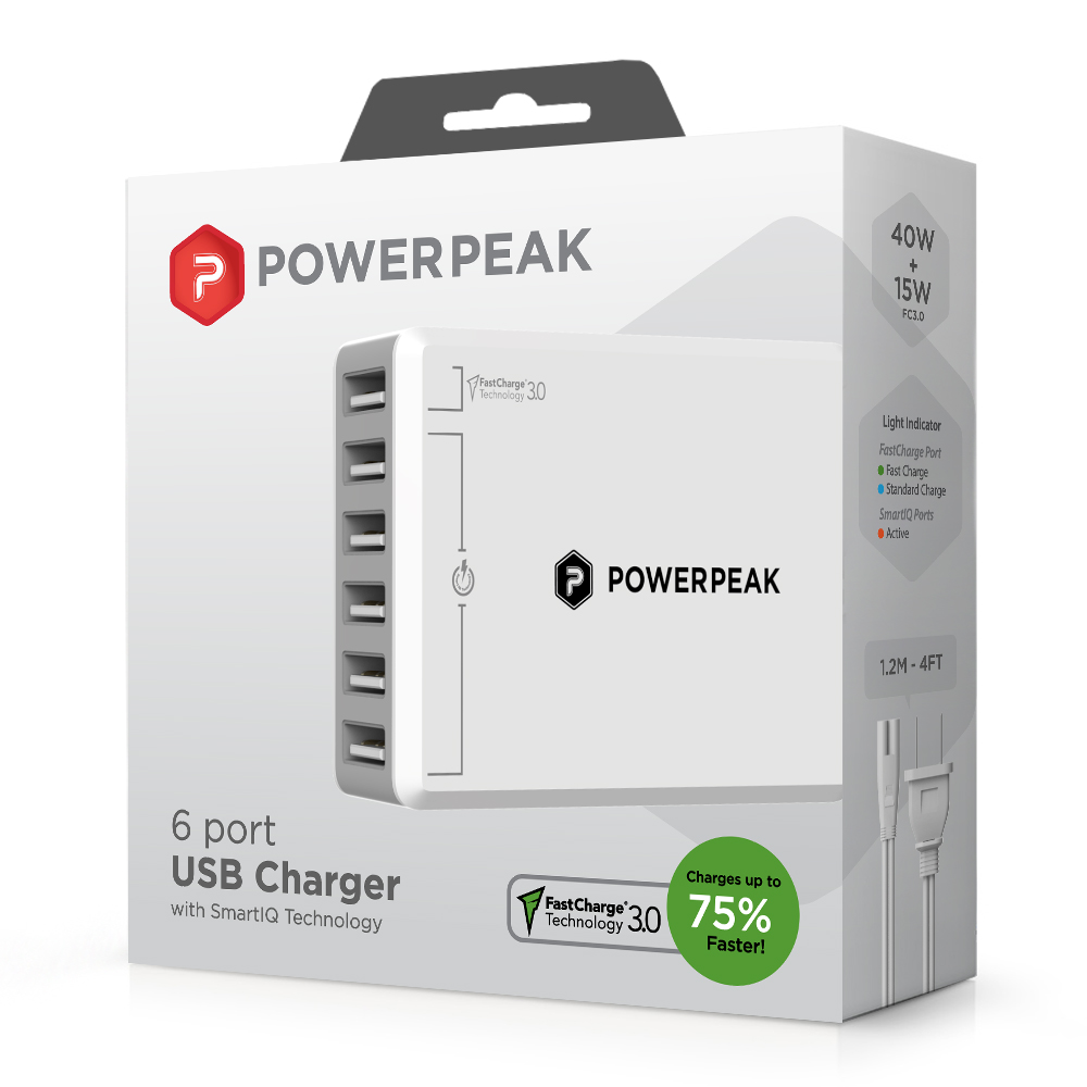 PowerPeak Adaptive Fast Charge 3.0 6 port USB Charger (With 75% Fast Charge)