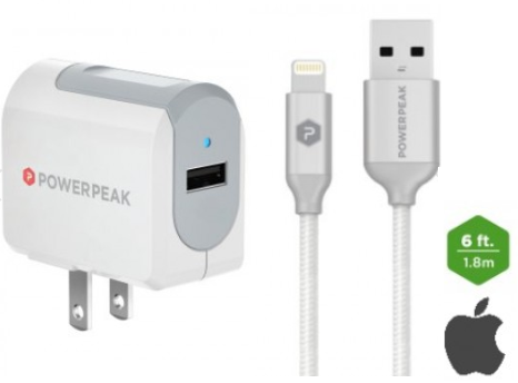 PowerPeak iPhone Rapid Wall Charger with Braided Lightning Charge & Sync Cable (2.4 Amp)