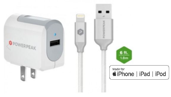 PowerPeak iPhone Rapid Wall Charger with Braided Lightning Charge & Sync Cable (2.4 Amp)