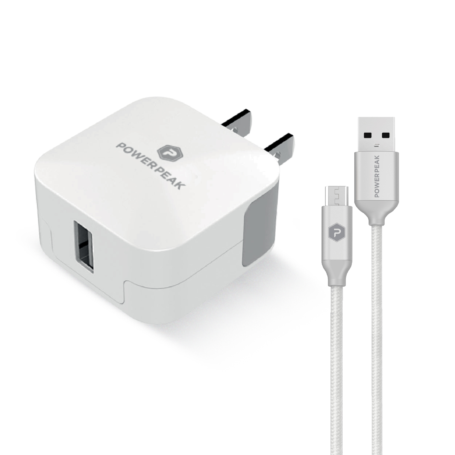 White rapid wall charger with braided Micro USB charge and sync cable of 6ft