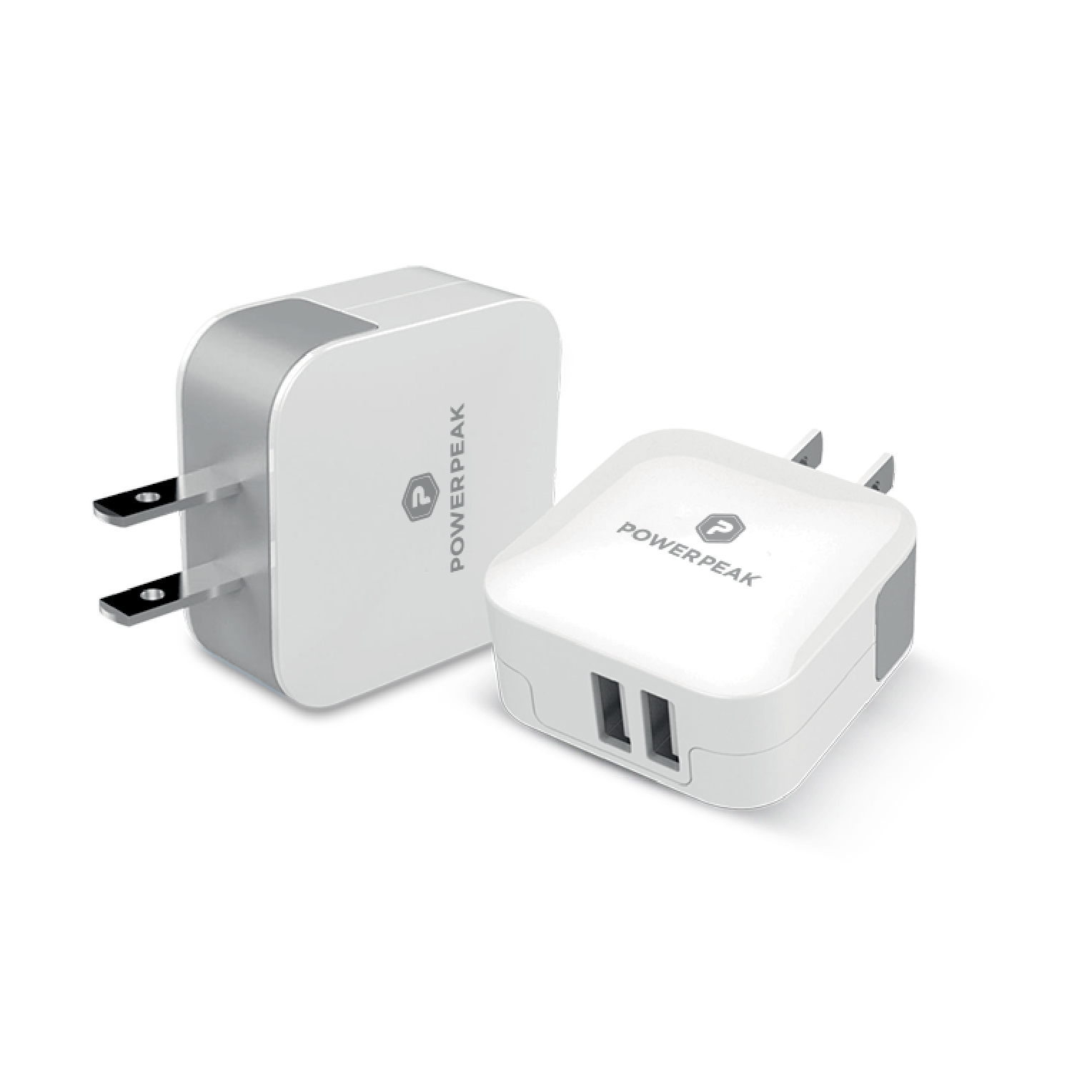 White cube dual port fast wall charger. Compatible with smartphones and tablets