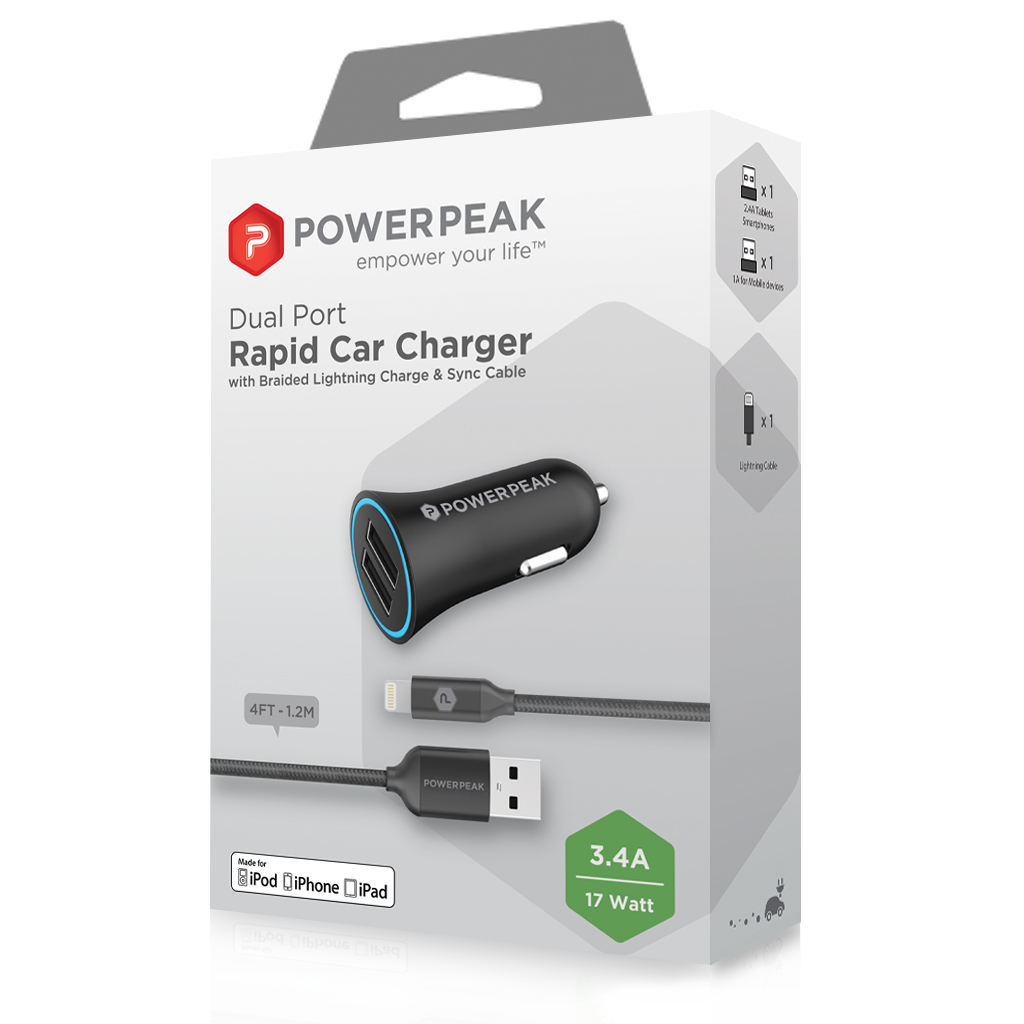 PowerPeak Dual Port Rapid Car Charger With Braided Lightning Charge & Sync Cable - Black (3.4 Amps)
