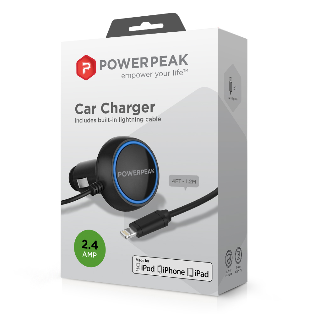 PowerPeak Car Charger includes built-in lightning cable (2.4 Amps)