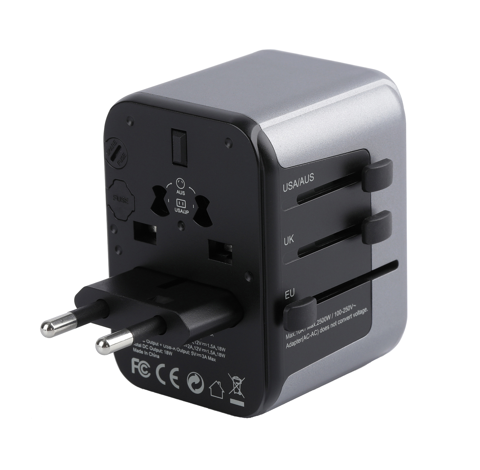 Powerpeak International Power Adapter, 1 USB Type C 18W PD Plug - 1 USB Port Wall Charger USB Type A  {150 Countries}  - All in One