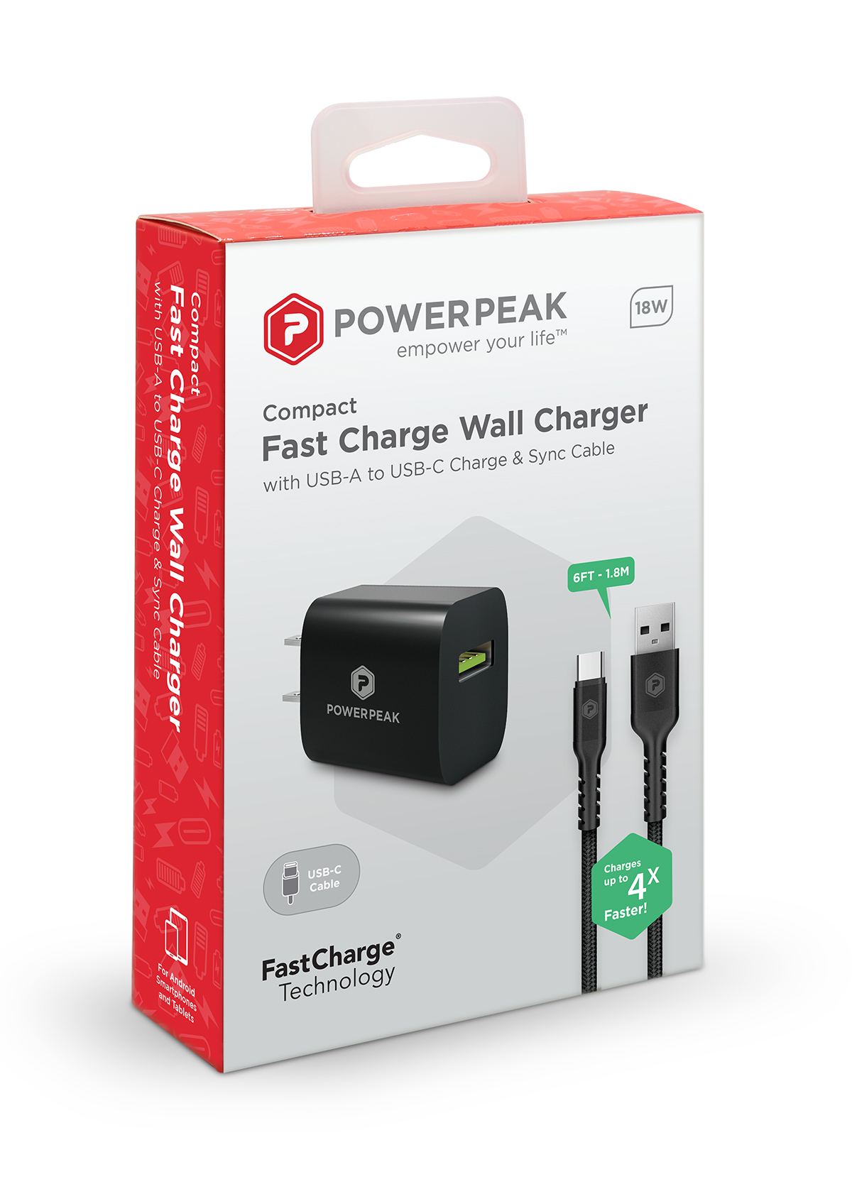 PowerPeak 18W USB-A to USB-C Wall Charger with 6ft. Cable - Black