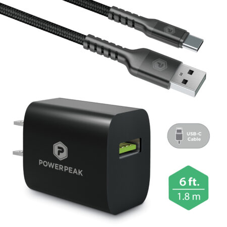 Black Fast Charge USB-A to USB-C Wall Charger with 6ft Micro Cable Braided