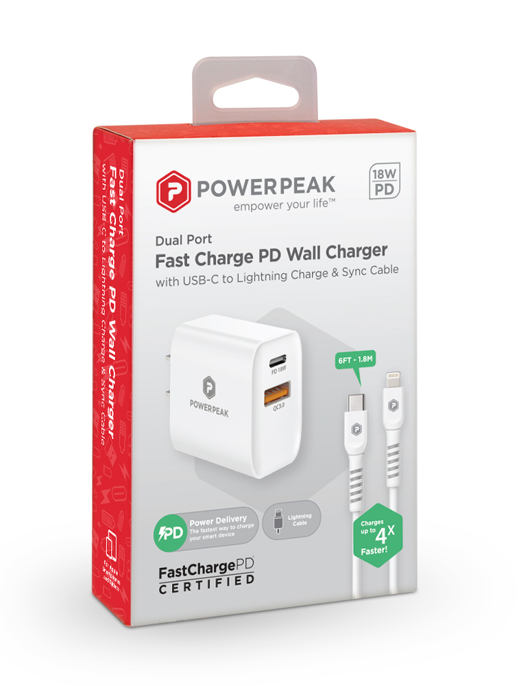 PowerPeak Dual Port PD Fast Charge Wall Charger with USB-C to Lightning Charge {SPEED X2 20W}