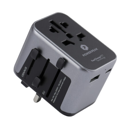 Gray port wall charger. International power adapter. 1 USB-C PD port and 1 standard USB port enable simultaneous high-speed charging of multiple devices