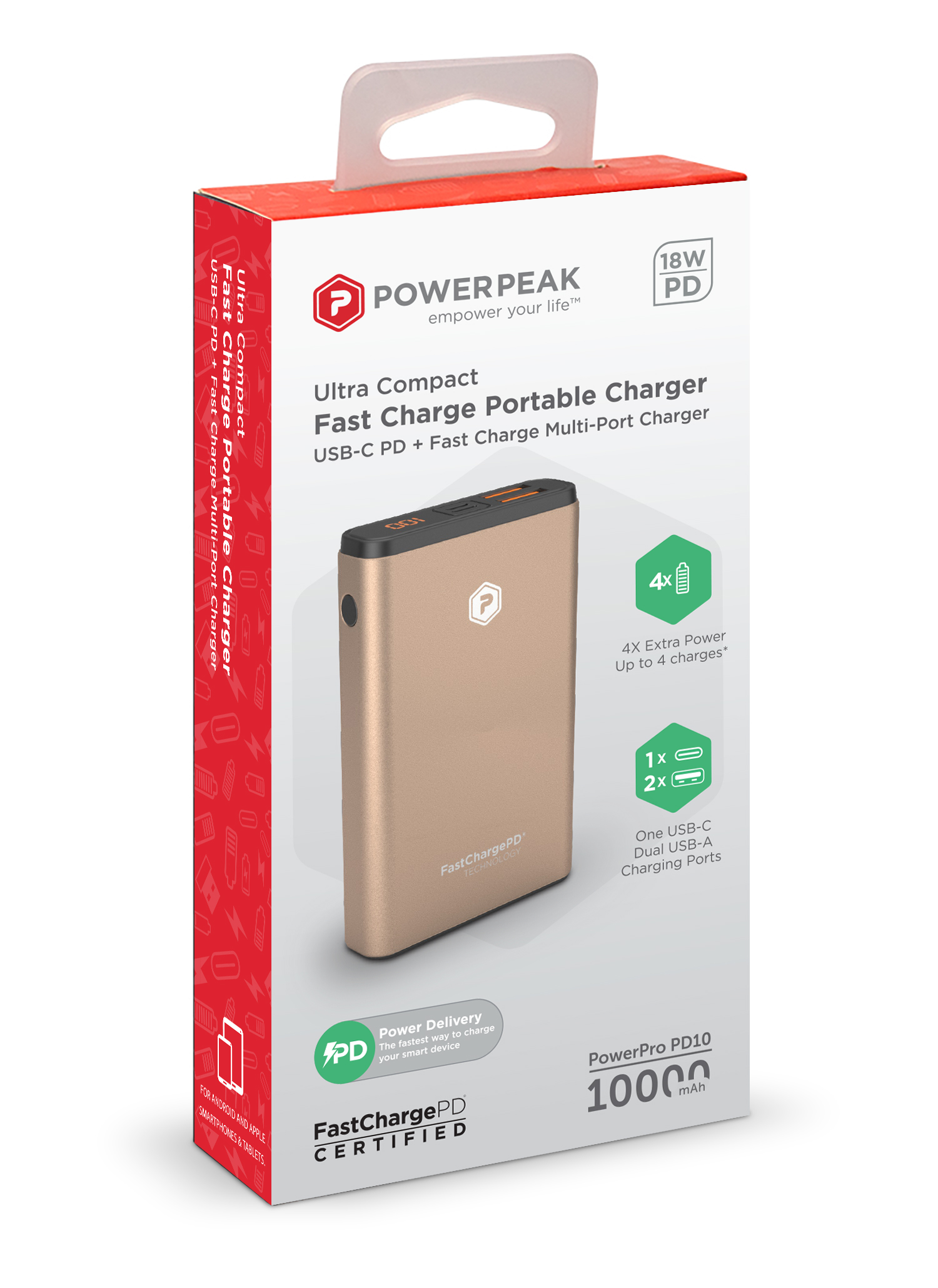 PowerPeak 10000mAh PD Fast Charge Portable Charger Dual USB - Gold