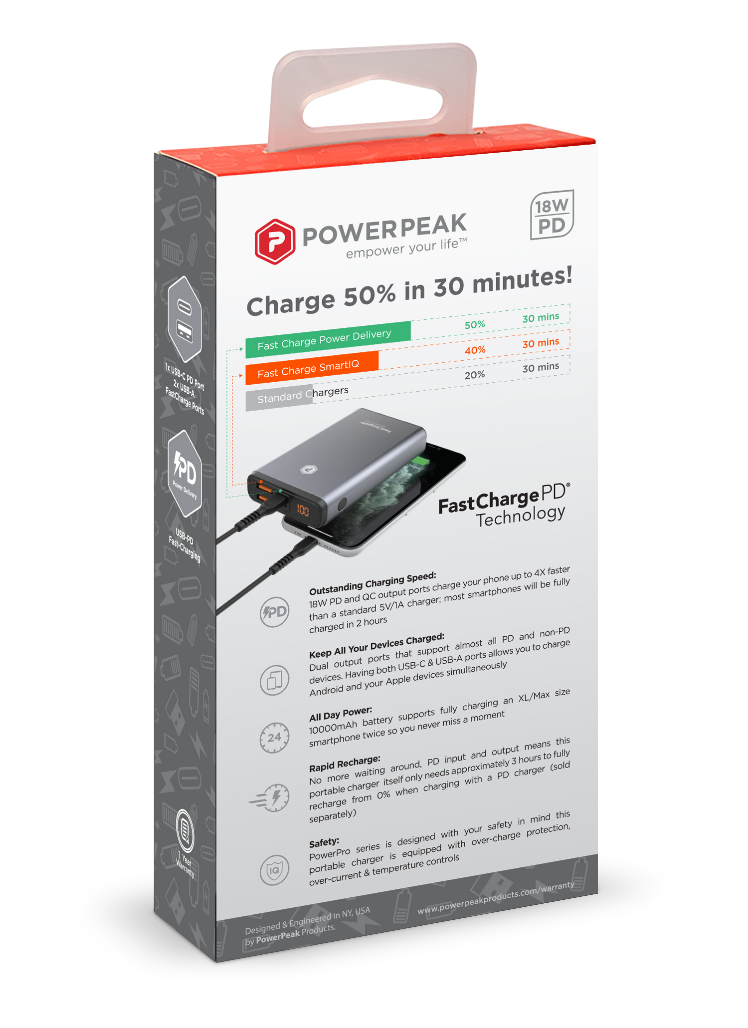 PowerPeak 10000mAh PD Fast Charge Portable Charger Dual USB - Grey