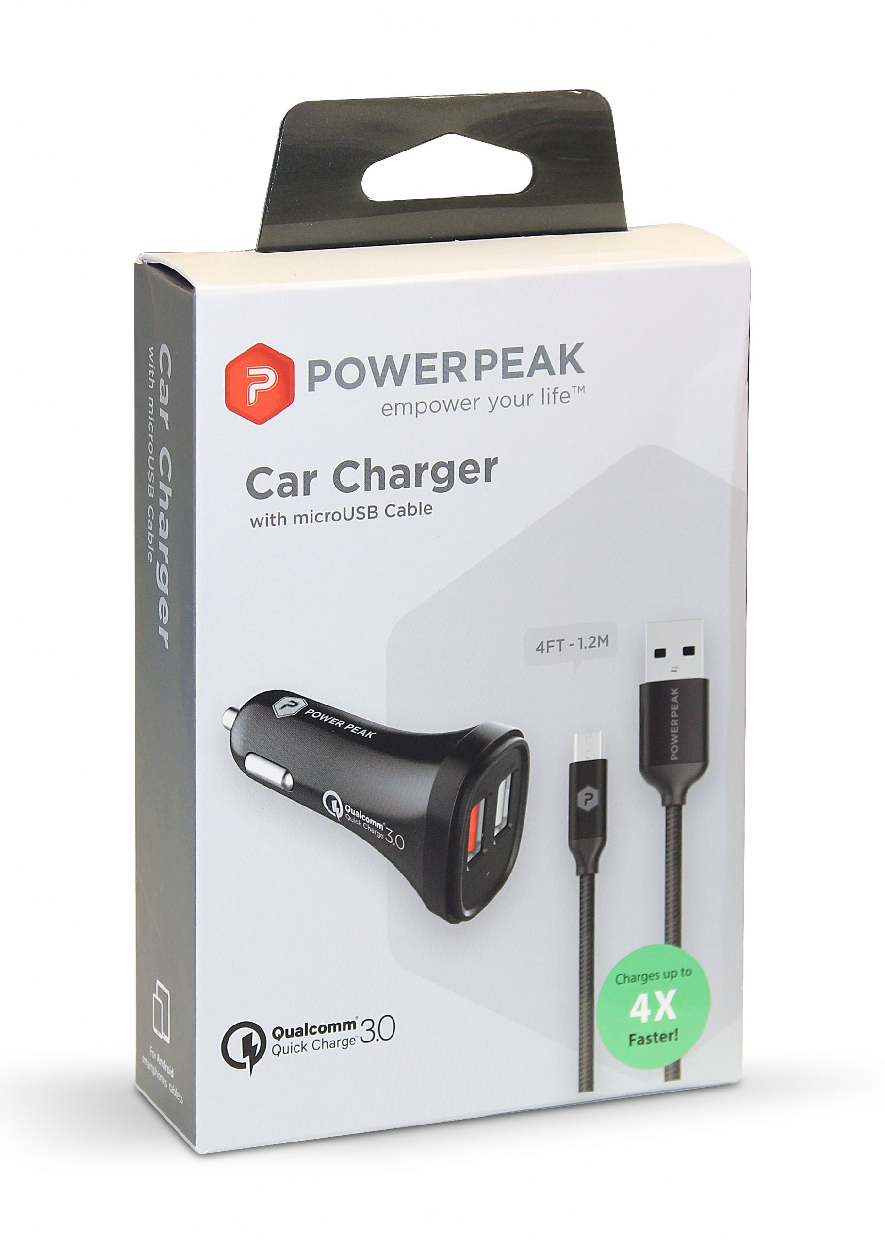PowerPeak Quick Charge 3.0 Micro Car Charger with 4ft. braided Cable - Black