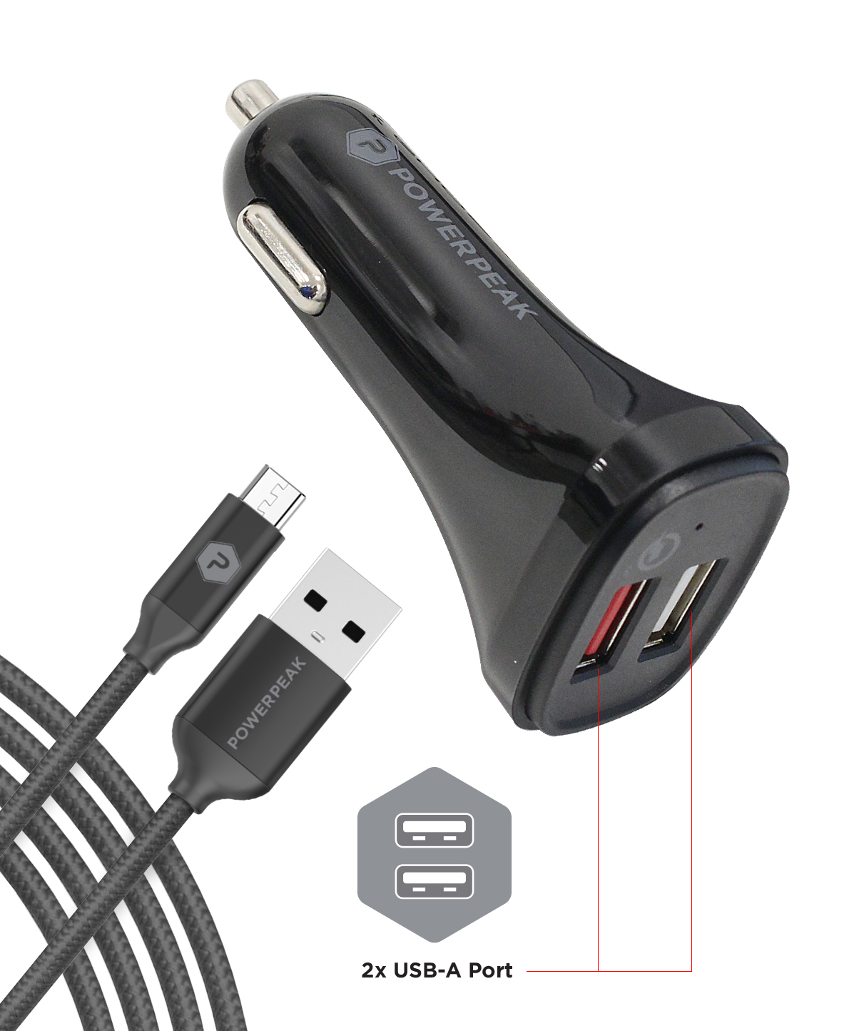 Fast black car charger with 2 USB-A port. Included 4ft braided Micro-USB cable
