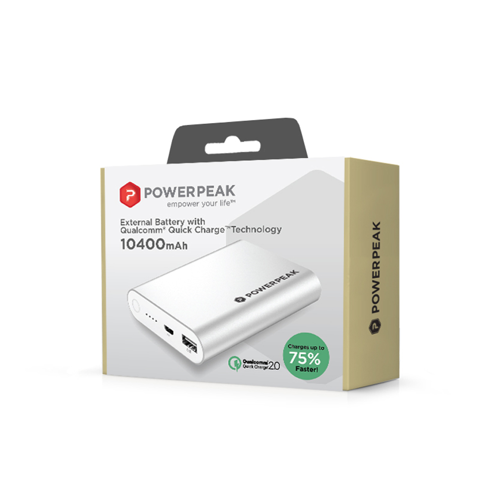 PowerPeak Portable Battery  Pack with Qualcomm Adaptive Fast Charge Technology (10400 mAH 75% Faster) - Silver