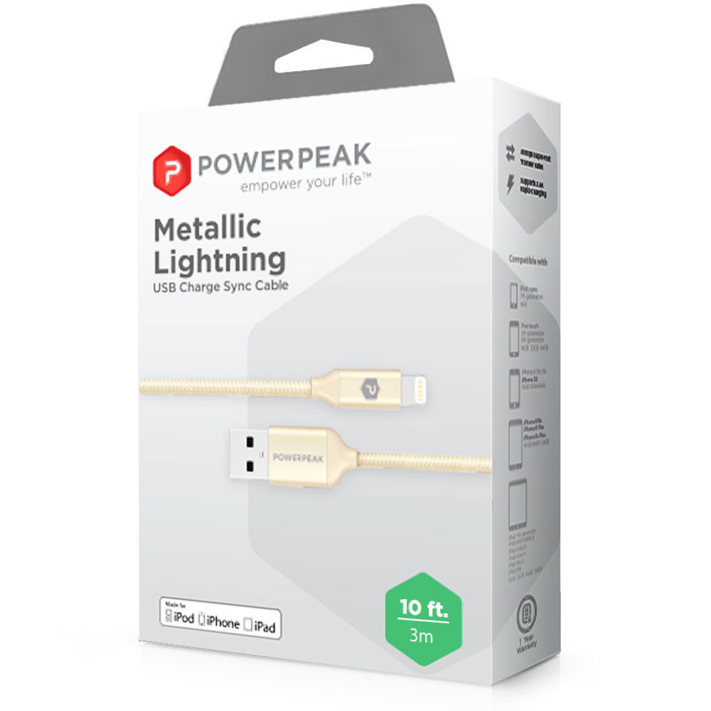 PowerPeak Extra-long Premium Braided Lightning Cable 10 FT. Metallic USB Charge & Sync Cable - Gold