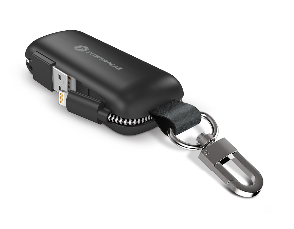 Black Ultra-portable Clip-on Charger with Integrated Lightning Cable