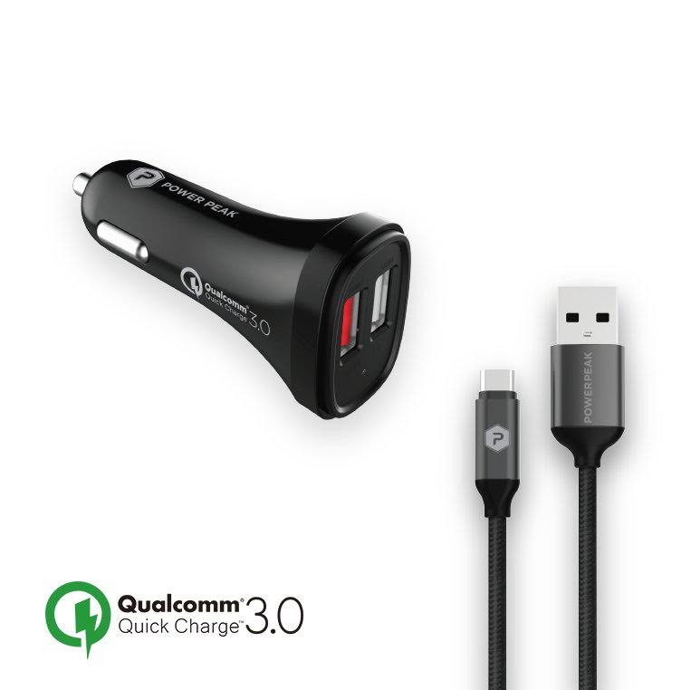 PowerPeak 18W Car Charger USB-A to USB-C with 4ft. braided Cable - Black
