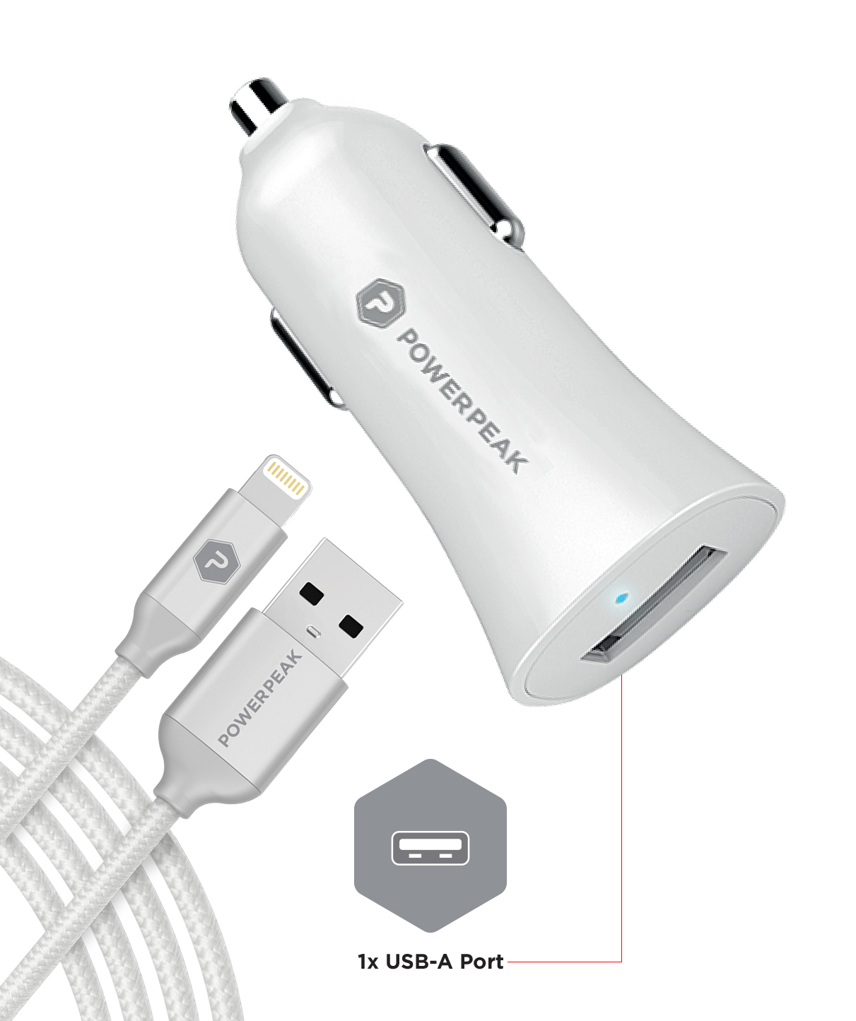 PowerPeak Rapid Vehicle Charger with 4ft Braided Lightning Charge & Sync Cable - White (2.4 Amps)
