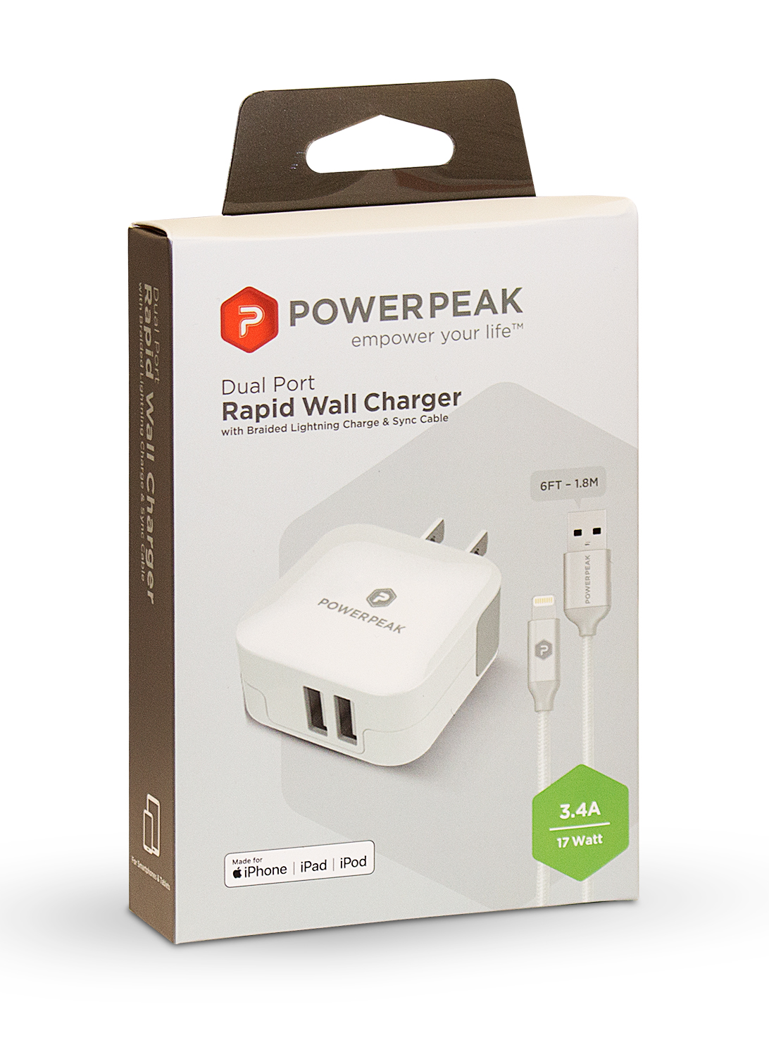 PowerPeak iPhone Dual Port Rapid Wall Charger With Lightning Cable