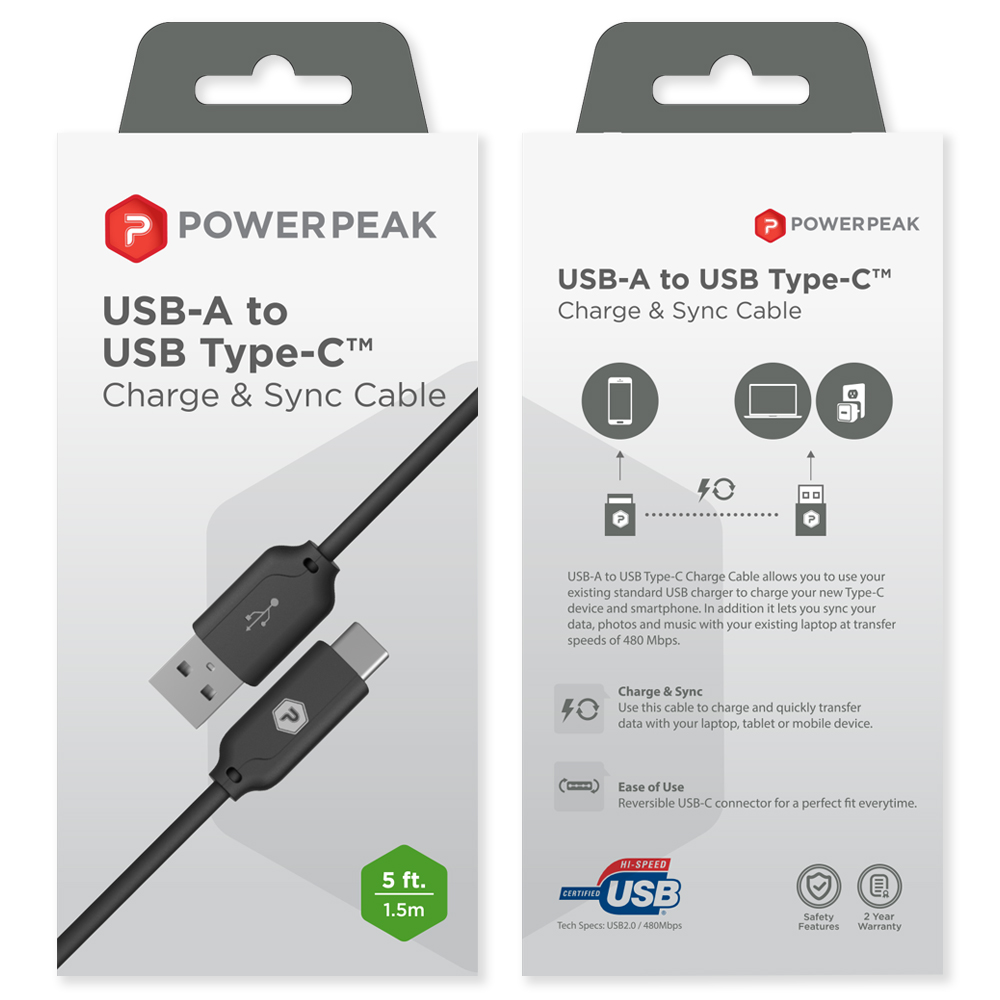 PowerPeak USB Type A to Type-C Charge and Sync Cable - 5 ft.