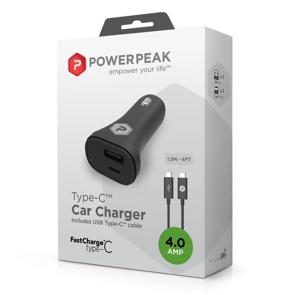 PowerPeak Fast Charge Type-C Car Charger includes USB Type-C Cable