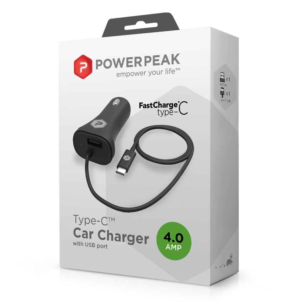PowerPeak Type-C Fast Charge Car Charger with USB Port