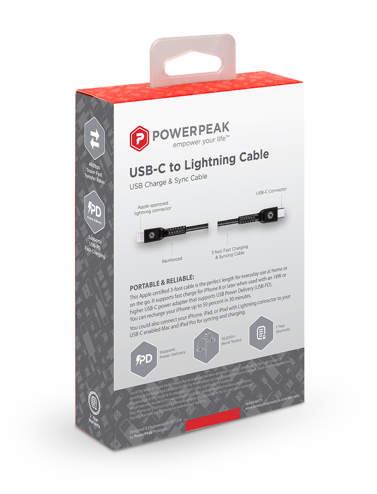 PowerPeak 3ft. USB-C to Lightning Charging Cable - Black