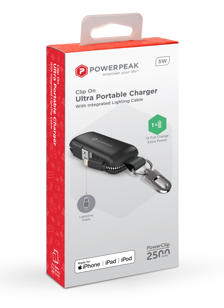 PowerPeak Clip On Ultra Portable Charger with Integrated Lightning Cable