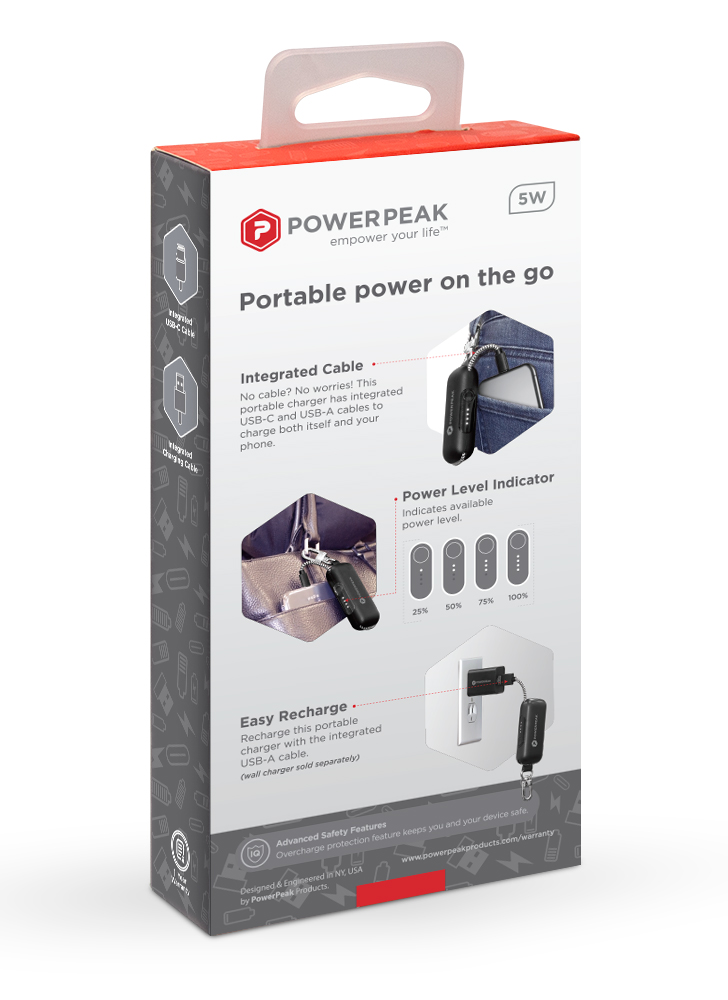 PowerPeak Clip On 2500mAh Ultra Portable Charger with USB-C Cable