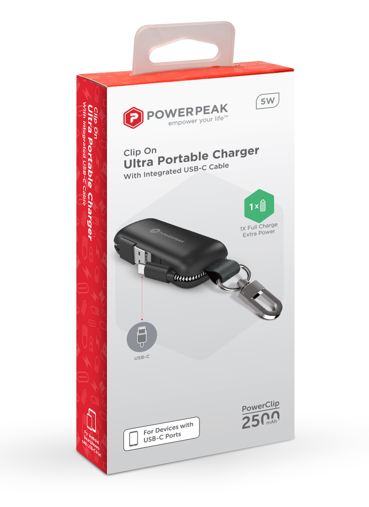 PowerPeak Clip On 2500mAh Ultra Portable Charger with USB-C Cable