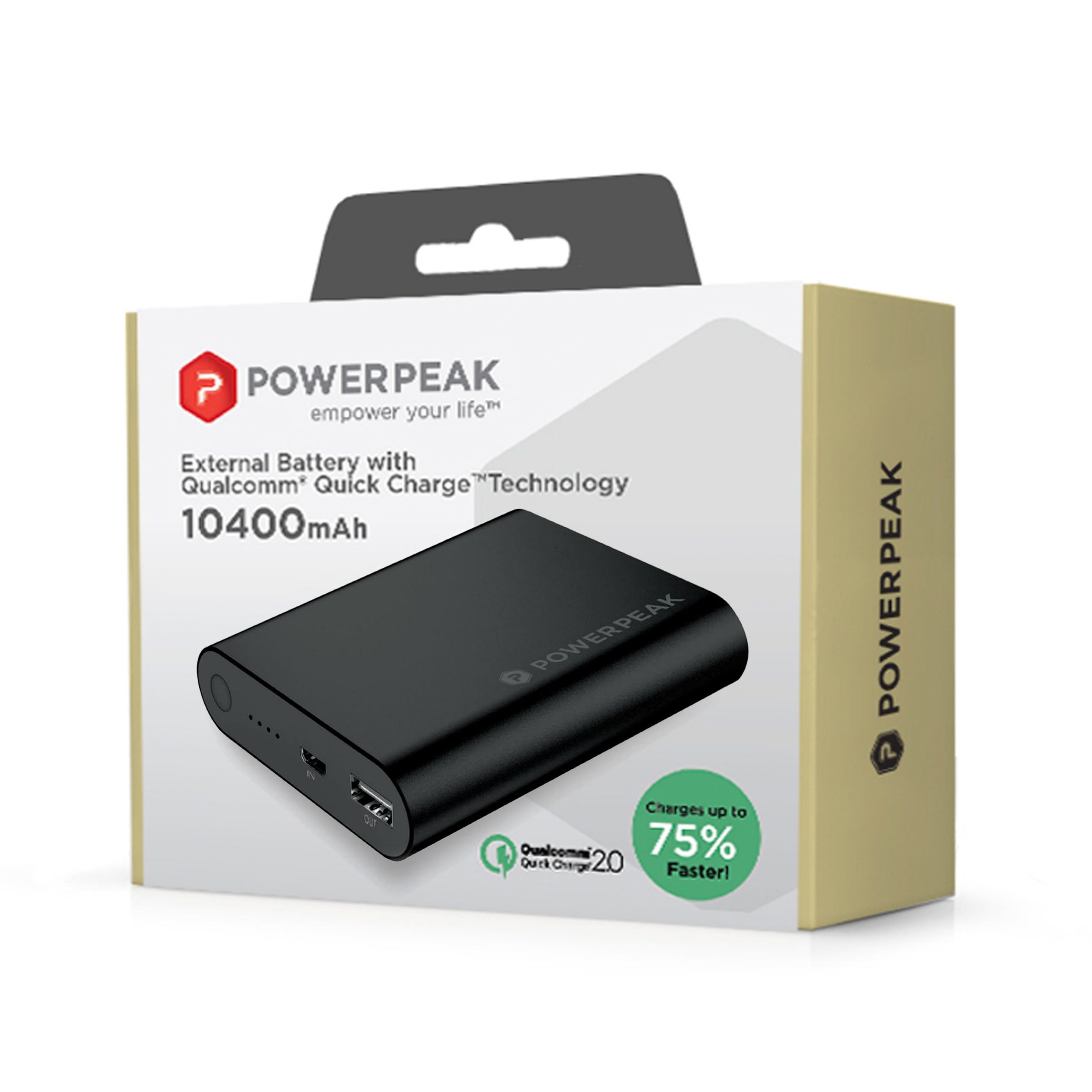 PowerPeak Portable Battery  Pack with Qualcomm Adaptive Fast Charge Technology (10400 mAH 75% Faster) - Black