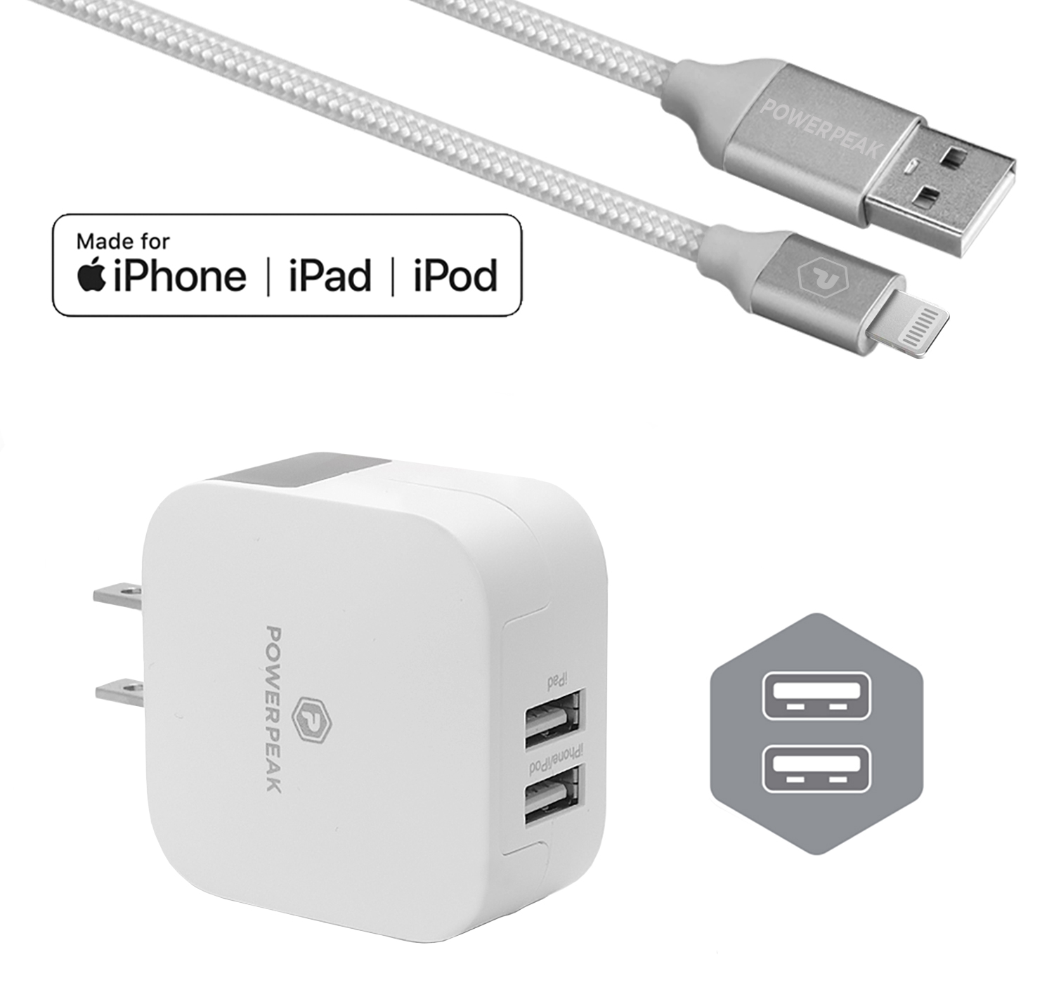 PowerPeak iPhone Dual Port Rapid Wall Charger WIth Lightning Cable