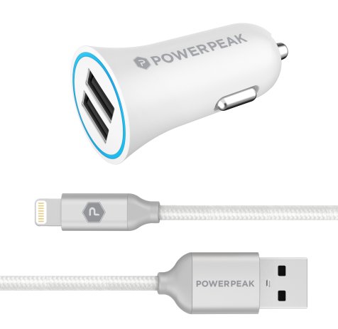 PowerPeak Dual Port Rapid Car Charger with Braided Lightning Charge & Sync Cable - White (3.4 Amps)