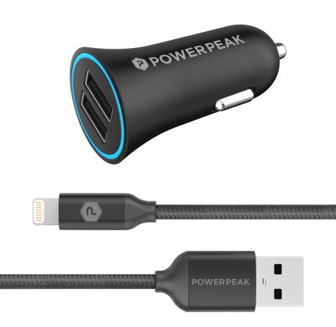 PowerPeak Dual Port Rapid Car Charger With Braided Lightning Charge & Sync Cable - Black (3.4 Amps)