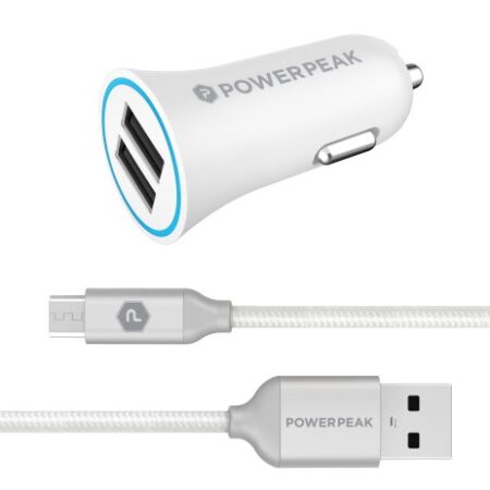 PowerPeak Dual Port Rapid Car Charger with Braided Micro USB Charge & Sync Cable  -  White (3.4 Amps)