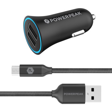 PowerPeak Dual Port Rapid Car Charger with Braided Micro USB Charge & Sync Cable  -  Black  (3.4 Amps)