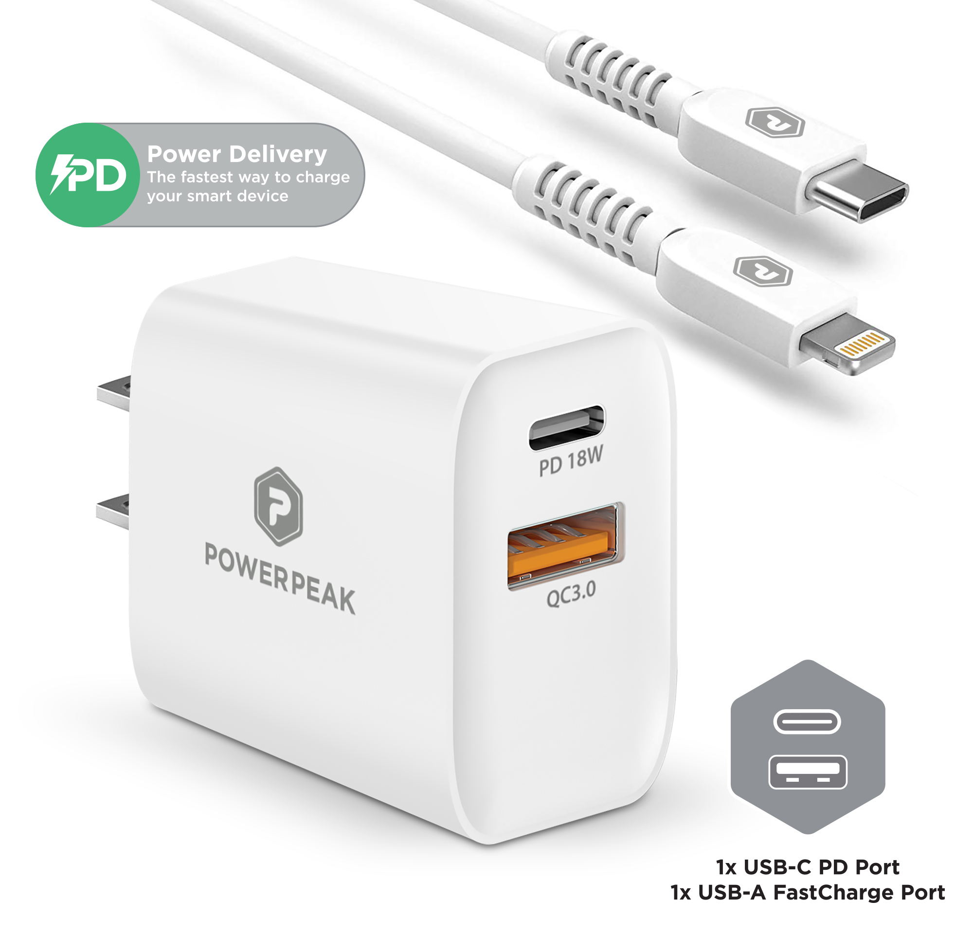 White Fast Charging Dual Port Wall Charger with USB-C to Lightning cable