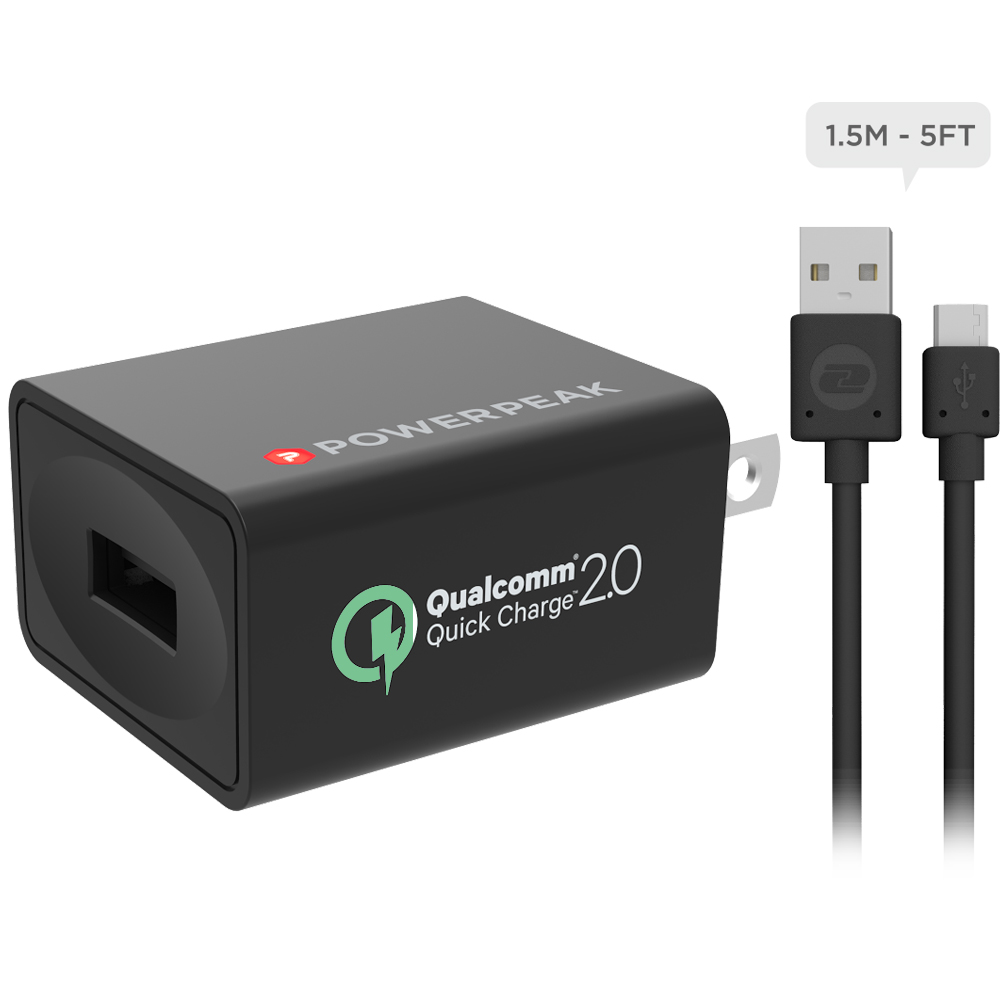PowerPeak Quick Charge 2.0 Compact Wall Charger with 5ft Micro USB Cable