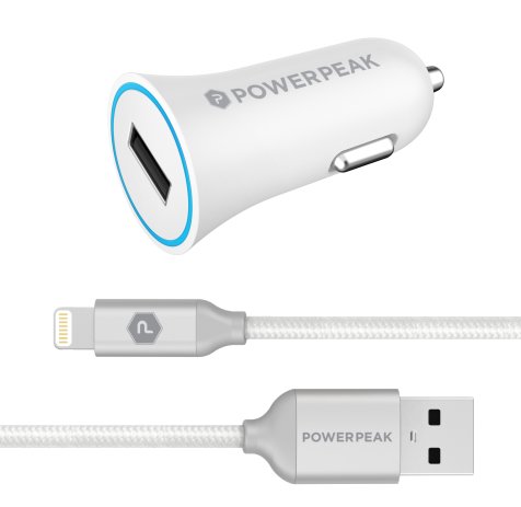 PowerPeak Rapid Car Charger with Braided Lightning Charge & Sync Cable - White (2.4 Amps)